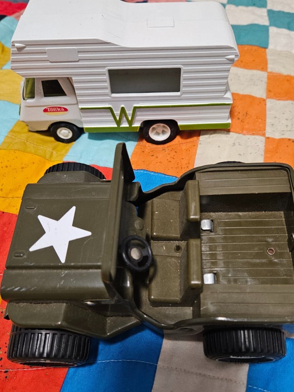 Vintage Tonka pressed steel jeep and camper